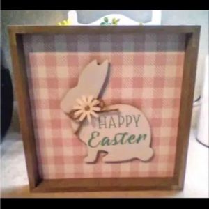 "HAPPY EASTER" BUNNY Box Frame SIGN Spring Plaid Table Decor Mantel NEW